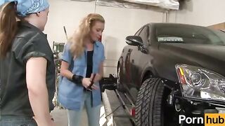 The tiny ginger is getting tortured and licked by a lesbian in the garage