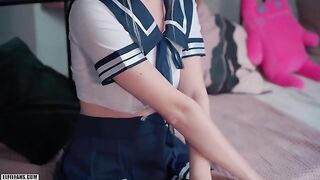 A kawaii schoolgirl, inspired by the stunning Eva Elfie, gets creampied and facialed