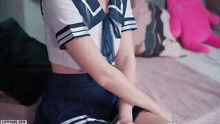 A kawaii schoolgirl, inspired by the stunning Eva Elfie, gets creampied and facialed