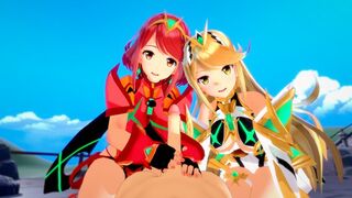 Mythra and Pyra fuck each other while their man watches at the Blade Motel