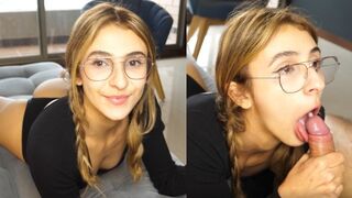 A pretty, small-breasted girl with big skills in deepthroat blowjob