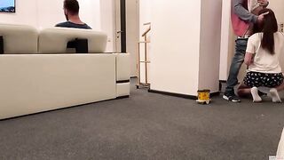 A delivery guy got his dick sucked by a cheating wife and cuckold husband