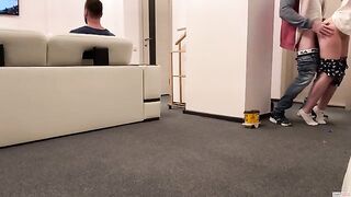 A delivery guy got his dick sucked by a cheating wife and cuckold husband
