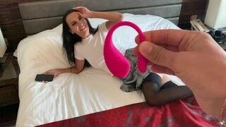 The guy controls her orgasm using a device on the Lovense Lush