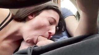 A guy and his girl are on a road trip and she gets a blowjob while driving