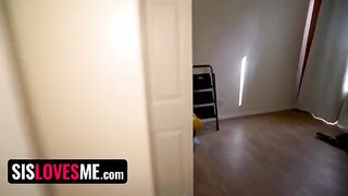 A hot step sister performs a naughty show for her online audience, but gets interrupted
