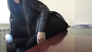 Mini Diva caresses herself in the office, imitating her favorite porn star style