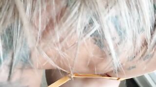 A sexy girl with bright blue eyes has an intense doggy style session in POV