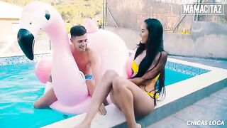 Skinny brunette Andreina Deluxe gets banged hard by the pool with a huge dick
