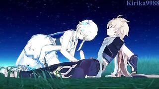 Aether fucks Lumine in the meadow at night, a steamy Genshin scene
