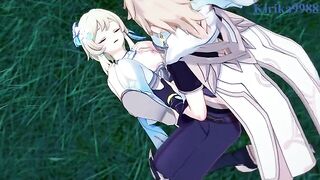 Aether fucks Lumine in the meadow at night, a steamy Genshin scene
