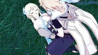 Aether fucks Lumine in the meadow at night, a steamy Genshin scene