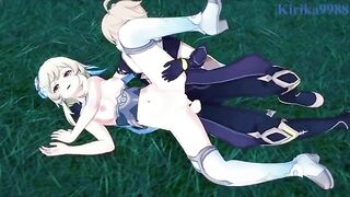 Aether fucks Lumine in the meadow at night, a steamy Genshin scene