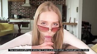Pretty woman in glasses fucks with her boyfriend, gets cum on her face