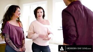 Casey Calvert and Arabelle Raphael share a cock in an intense threesome with Chad Alva