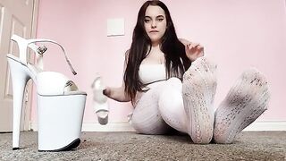 Dirty white tights and pleaser foot worship with a tempting brunette babe