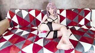 The girl cums from a large toy and the cum flows over her