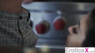 The hot couple has passionate sex right in the kitchen