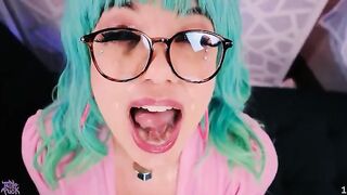 Little Puck gets her huge boobs and face covered with a massive facial
