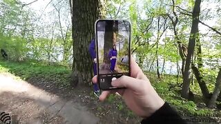 Girl swallows cum in her mouth in a public place outdoors
