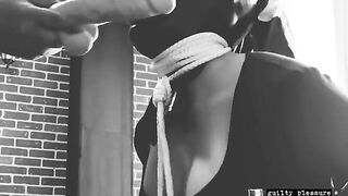 BDSM sex with a bound slave and a big dildo in their mouth and pussy