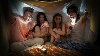 Naughty boys frightened and fucked Penelope and Aubrey in a spooky tale