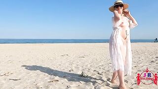 First time posing nude and fucking on the public beach
