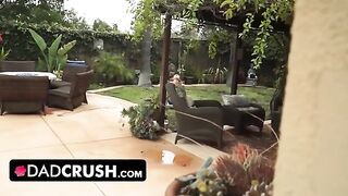 Fit girl lets pervert stepdad finger and fuck her by the pool