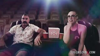 The girl is alone in the cinema with a guy, getting intimate