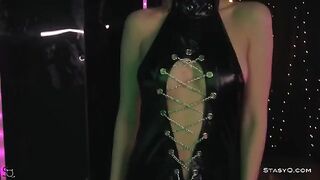 Skinny teen AngelQ stripping on the stage with a seductive charm