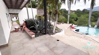 A girl has fun with her boyfriend and his stepsister in the pool