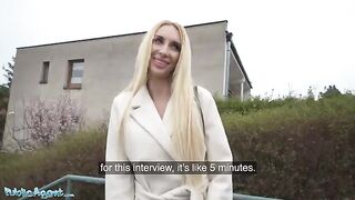 Tattooed blonde MILF posed in public by the agent for cash in HD
