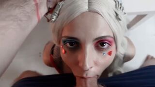 The crazy Harley Quinn sucks cock with a huge butt plug in her big ass