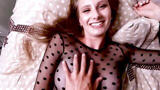 A beautiful blond girl hid and then played passionately with her lover
