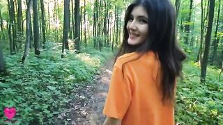 A hungry girl gets sperm from a guy for lunch in the forest