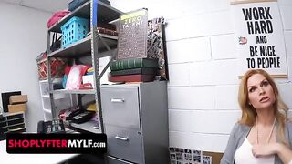 A bratty milf with huge boobs gets caught for stealing and obeys the security officer