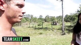 A gorgeous ebony babe, Adrian Maya, with her stunning big ass, gets fucked by a worker in the garden