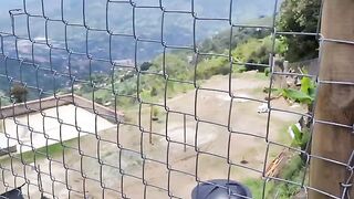 A girl was fucking with a stranger farmer outdoors, getting cum on her pussy