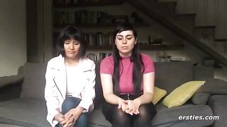 Two hot lesbian friends have fun with a strapon dildo