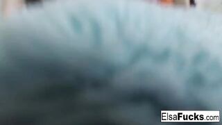 Small-breasted blonde elf Elsa Jean caresses her pussy in a sensual pose