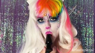 Adriana Chechik Halloween opulence with a rainbow dildo, showcasing her fearless approach