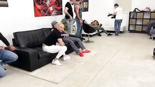 Busty Russian Monika Fox gets fucked hard in a gangbang