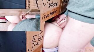 A girl got her pussy fucked in a glory hole, ending with a creampie