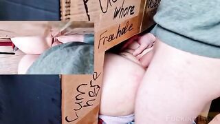 A girl got her pussy fucked in a glory hole, ending with a creampie