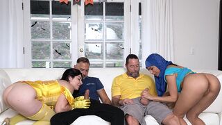 Two hot stepdaughters in costumes, Keira Croft and Penelope Woods, getting fucked by their daddies