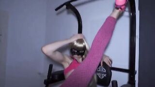 Fitness girl gets her pussy pounded by two cocks at the gym