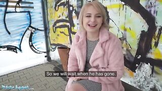 Public Agent picks up short-haired blonde teen at the bus stop