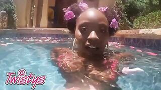 Beautiful ebony babe Elsie shakes her booty naked in the pool, showcasing her 38-24-36 curves