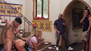 Busty MILF housekeeper gets rough gangbang and bukkake at college frat