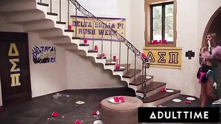 Busty MILF housekeeper gets rough gangbang and bukkake at college frat
